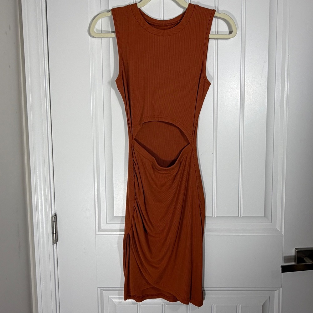 Rust Orange Ribbed Cutout Mini Dress Sleeveless Ruched Tulip Hem Small